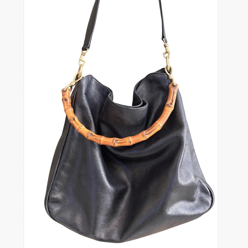 Vintage Gucci Bamboo Handle Hobo Bag • Black Leather • Classic 90s Y2K Luxe